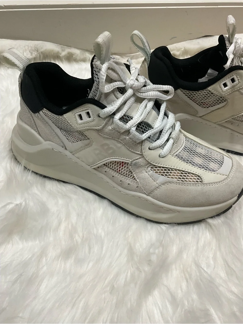 Women’s Burberry Logo Print Leather, Suede and Check Mesh Sneakers